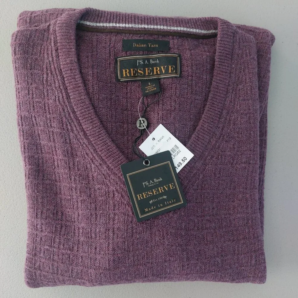 JoS. A. Bank Men's Wool Sweater L Burgundy Pullover V Neck Classic Menswear NEW - Picture 6 of 8